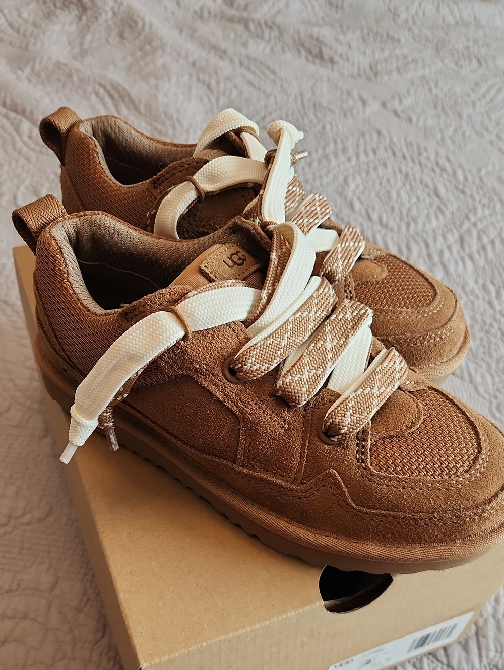 UGG Kids Tan Suede & Mesh Sneakers with Cream Laces